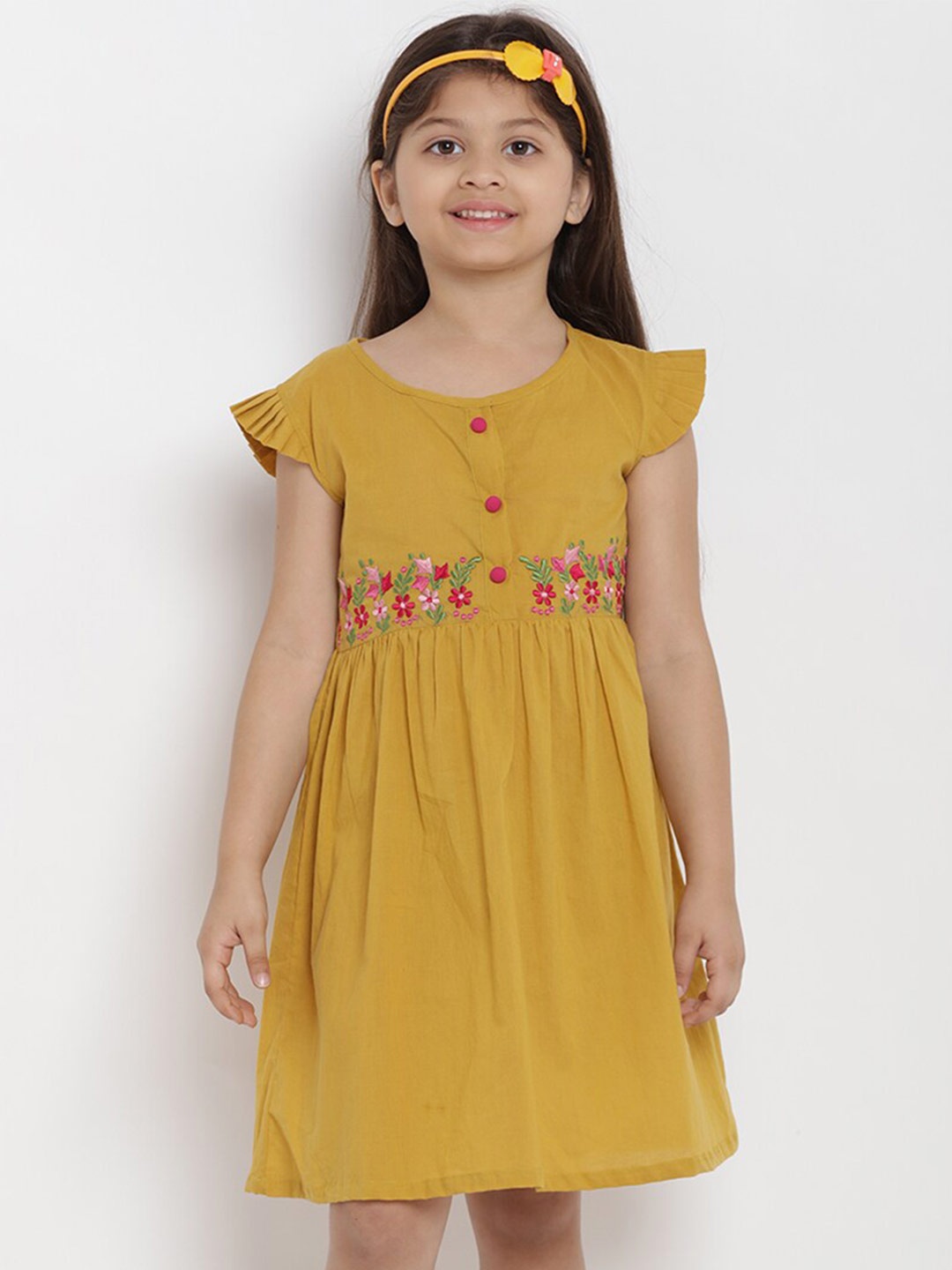 

Bitiya by Bhama Girls Floral Embroidered Flutter Sleeves Fit & Flare Dress, Mustard