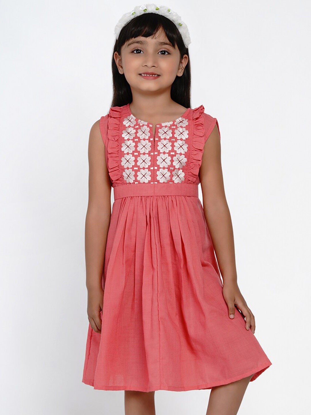 

Bitiya by Bhama Girls Floral Embroidered Ruffles Fit & Flare Dress, Peach