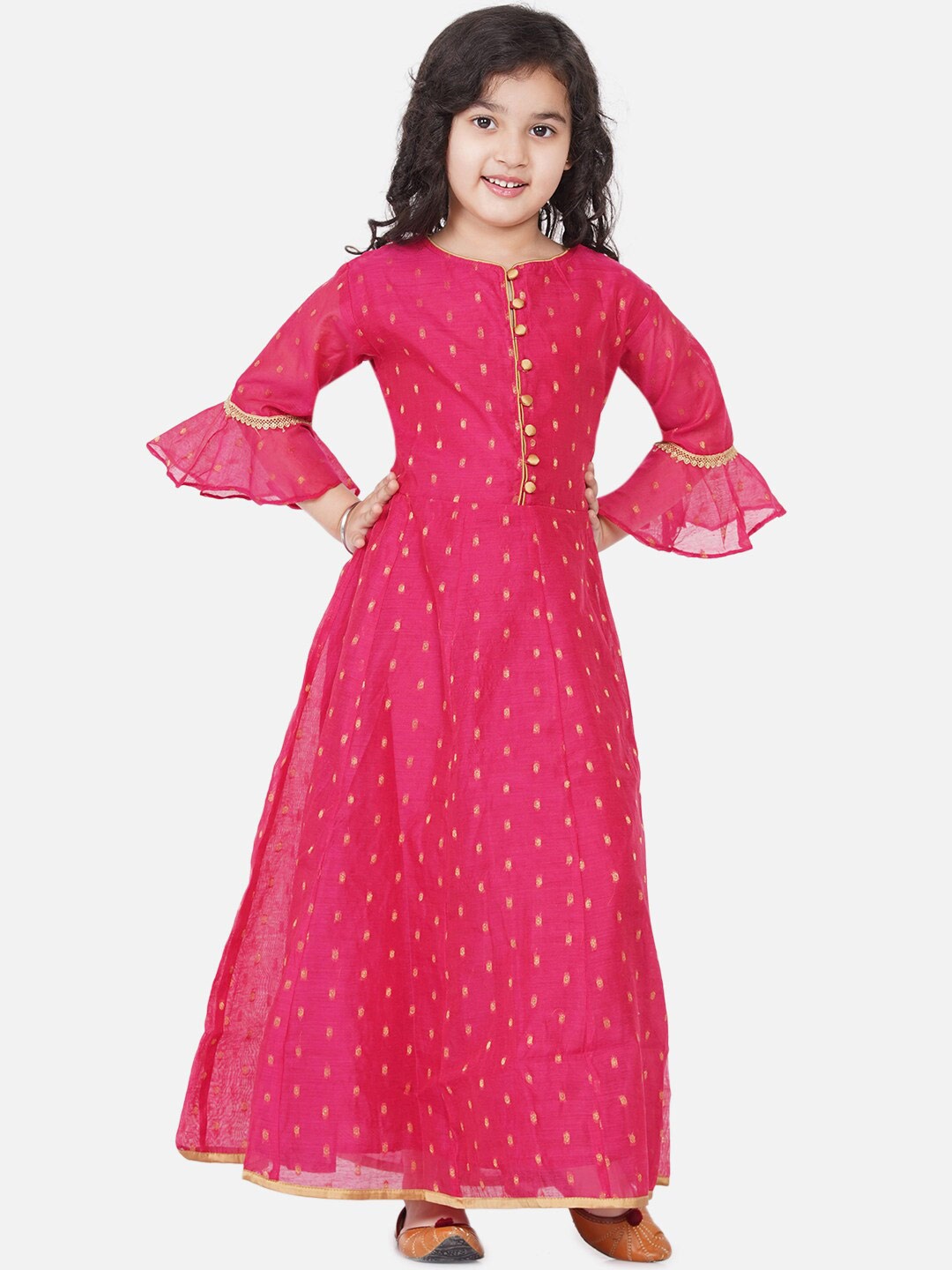 

Bitiya by Bhama Girls Ethnic Motif Printed Bell Sleeve A-Line Maxi Ethnic Dress, Pink