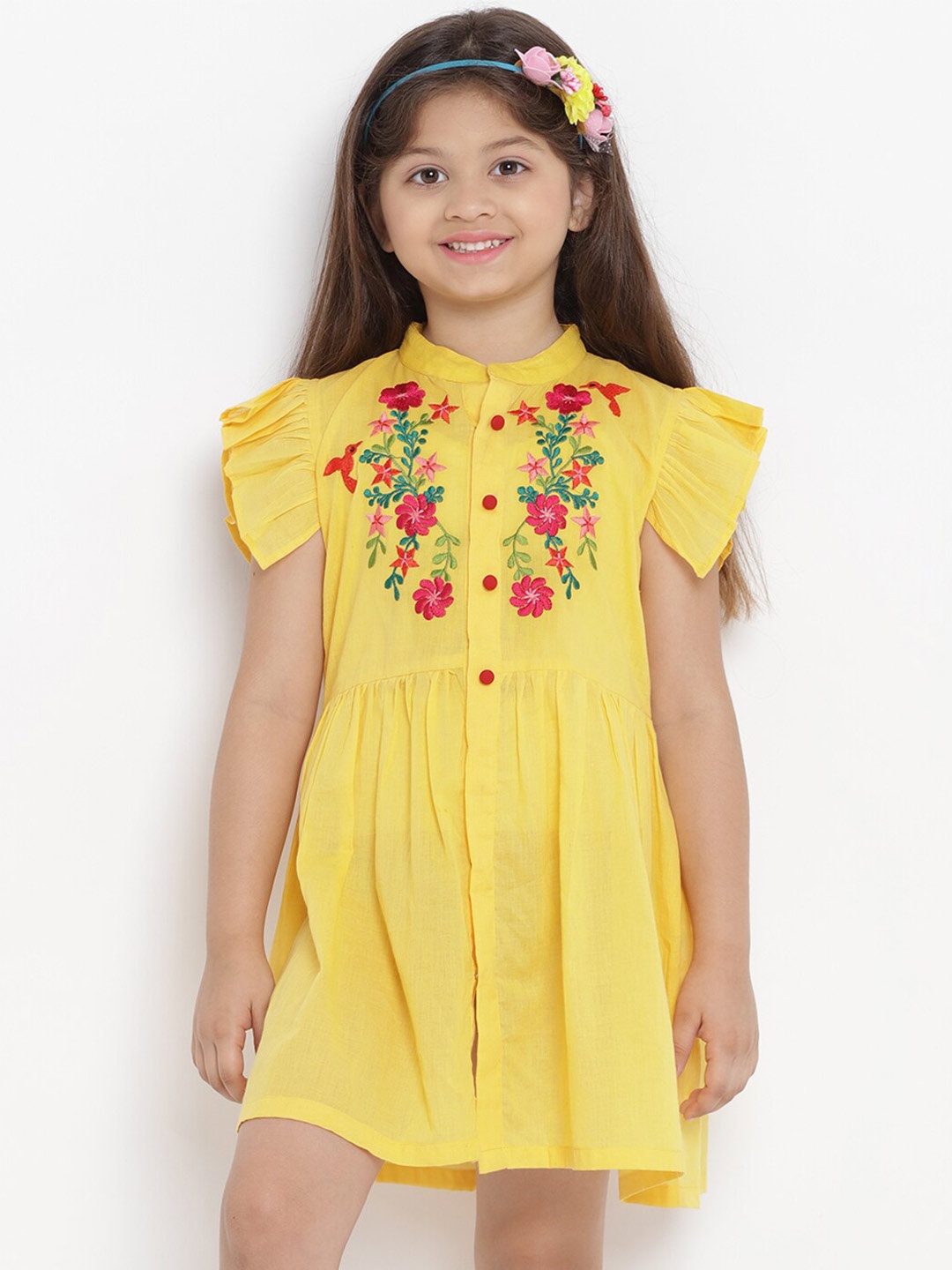 

Bitiya by Bhama Girls Floral Embroidered Flutter Sleeves Fit & Flare Dress, Yellow