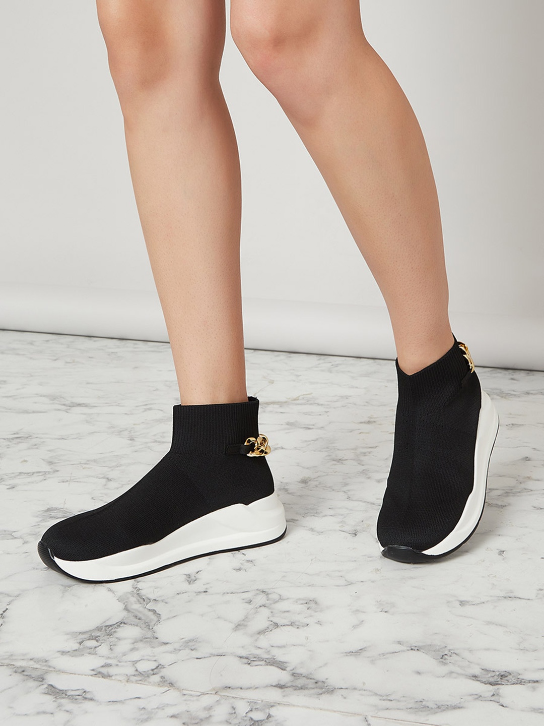 

Styli Women Mid-Top Comfort Insole Contrast Sole Slip-On Sneakers, Black