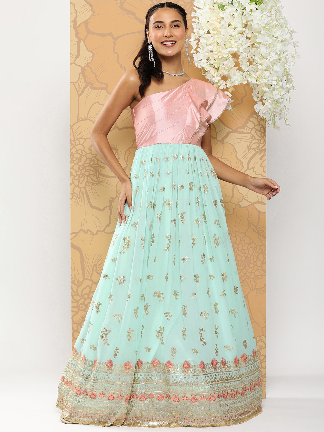 

Ethnovog Ethnic Motifs Embroidered One Shoulder Georgette Maxi Gown with Detachable Cancan, Sea green