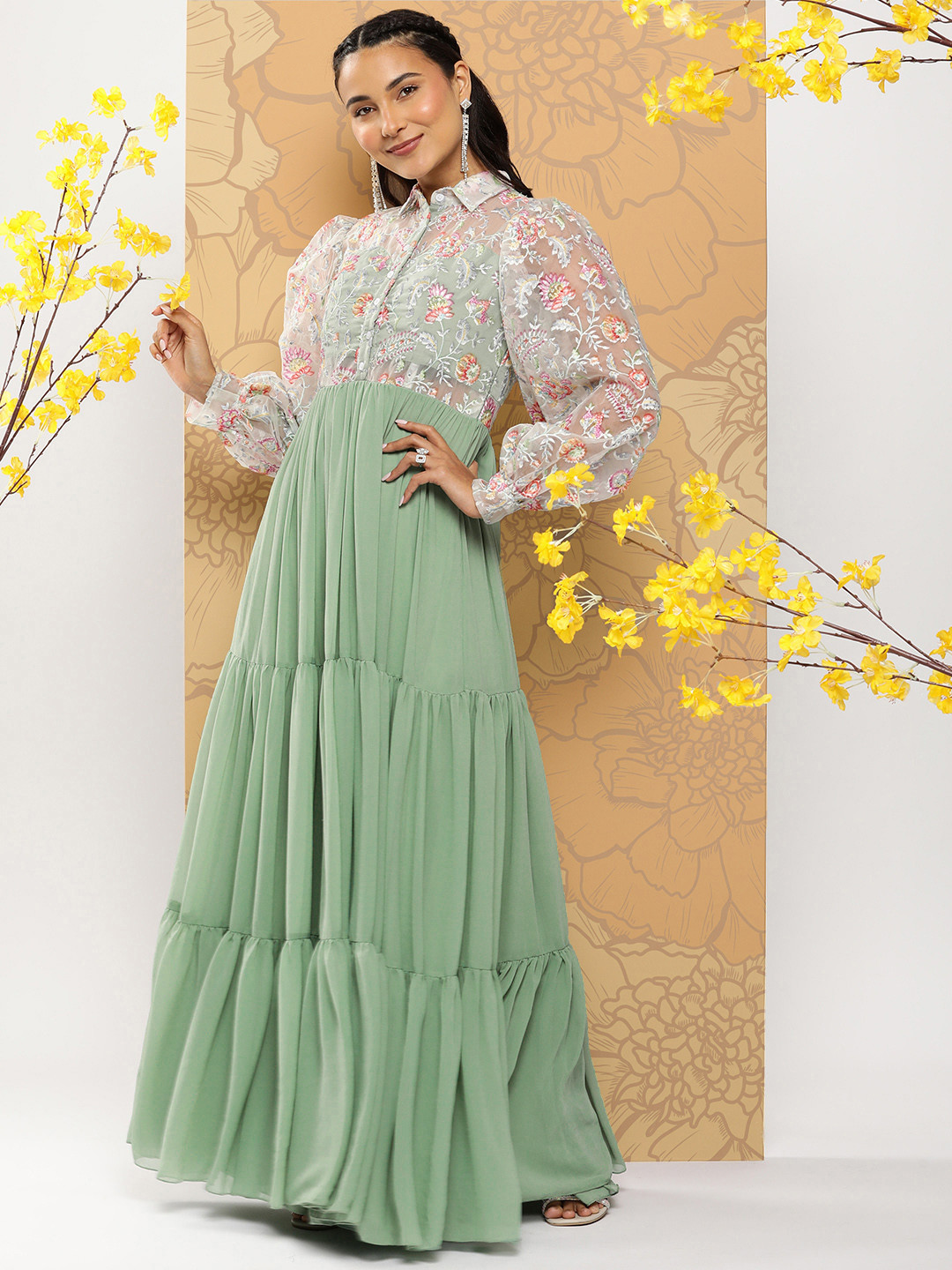 

Ethnovog Floral Embroidered Puff Sleeves Sequinned Georgette Maxi Ethnic Gown, Green