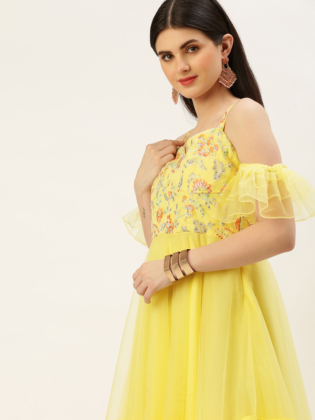 

Ethnovog Floral Embroidered Sequinned Cold-Shoulder Net Maxi Ethnic Dress, Yellow