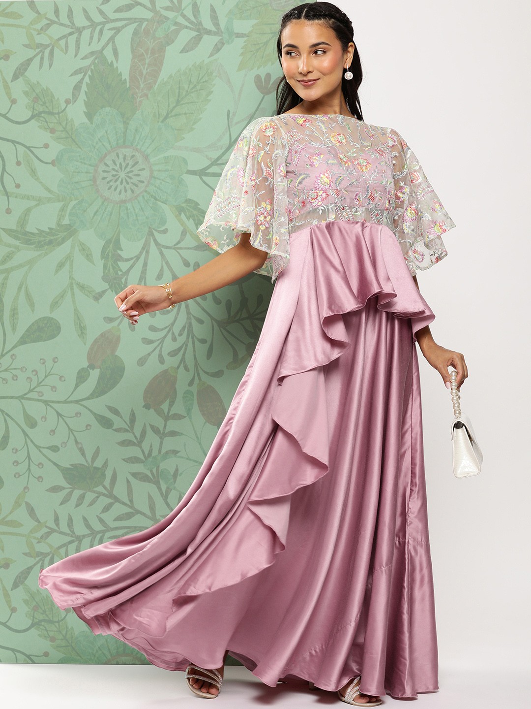 

Ethnovog Floral Embroidered Flared Sleeves Ruffled Satin Maxi Ethnic Gown, Pink