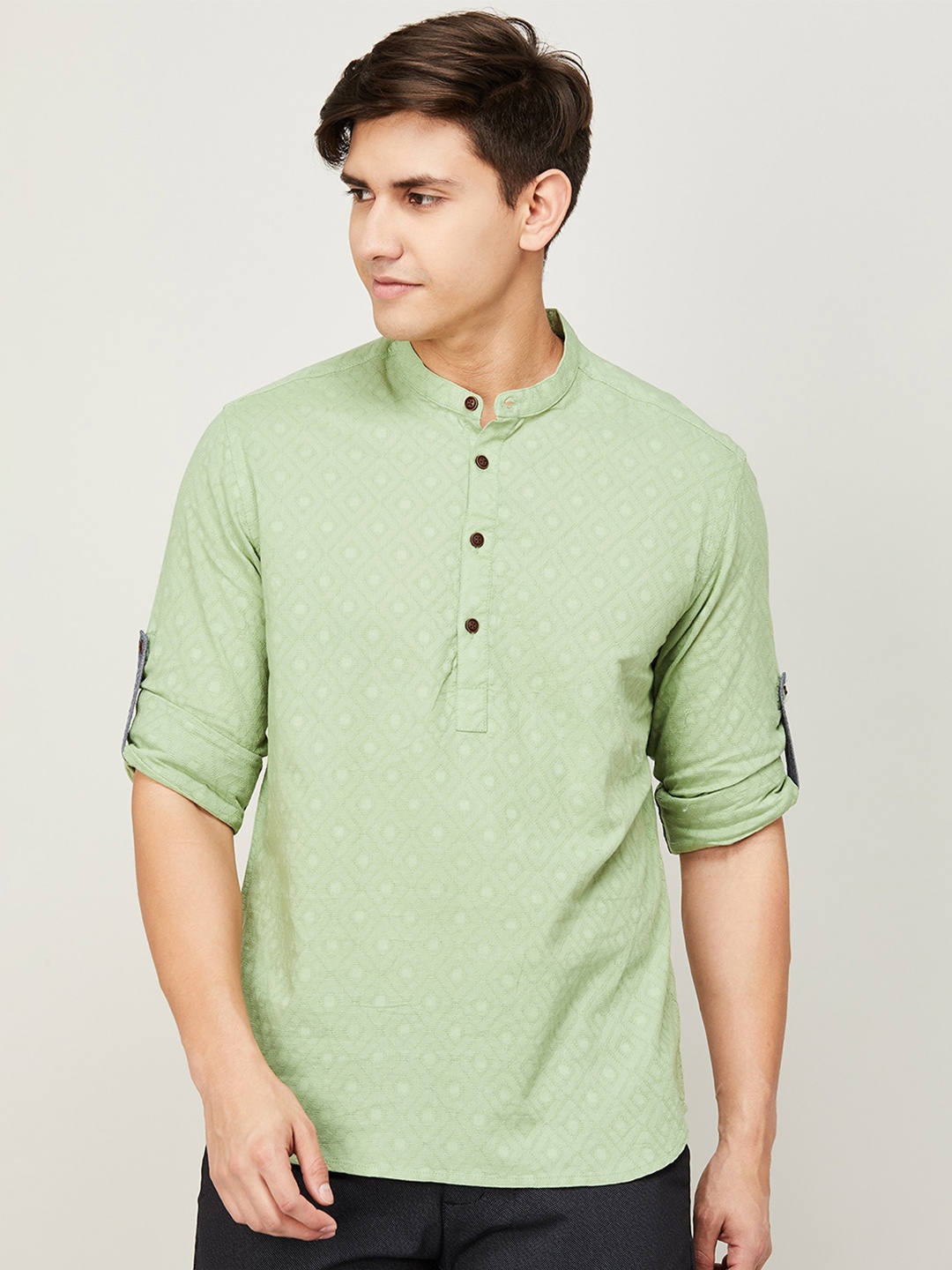 

Melange by Lifestyle Printed Band Collar Cotton Casual Shirt, Green