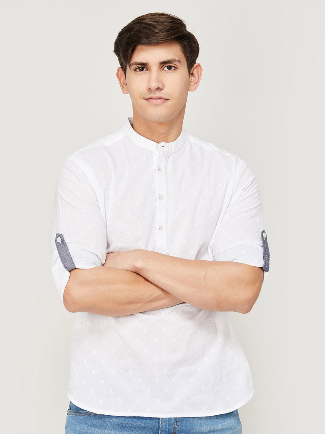 

Melange by Lifestyle Printed Band Collar Cotton Casual Shirt, White