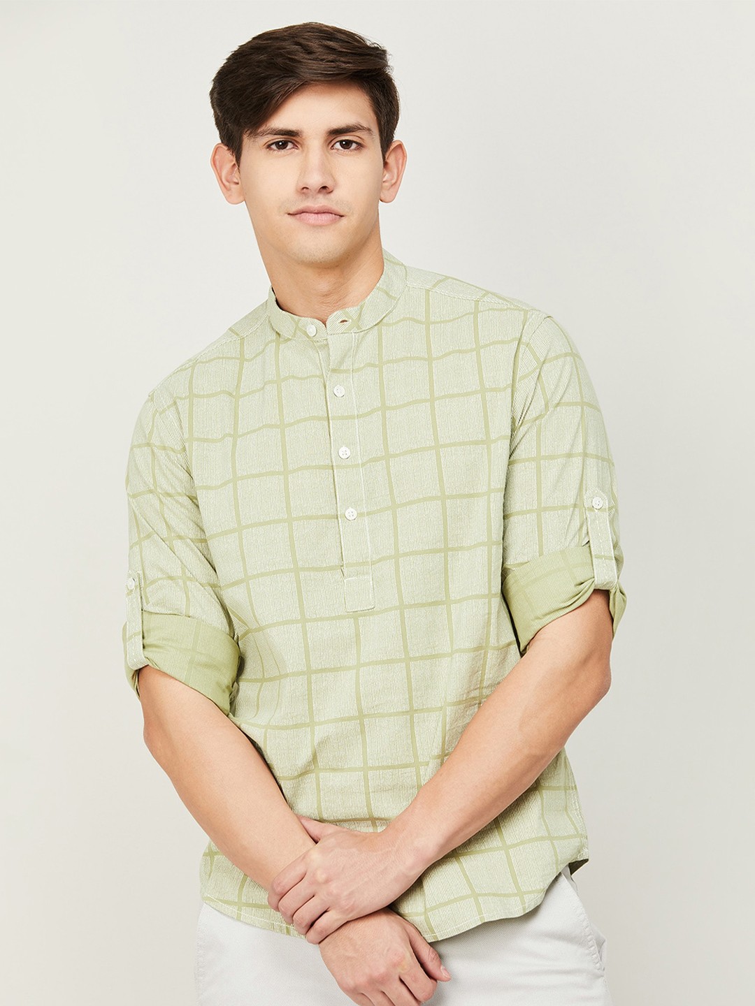 

Melange by Lifestyle Windowpane Checks Cotton Casual Shirt, Green