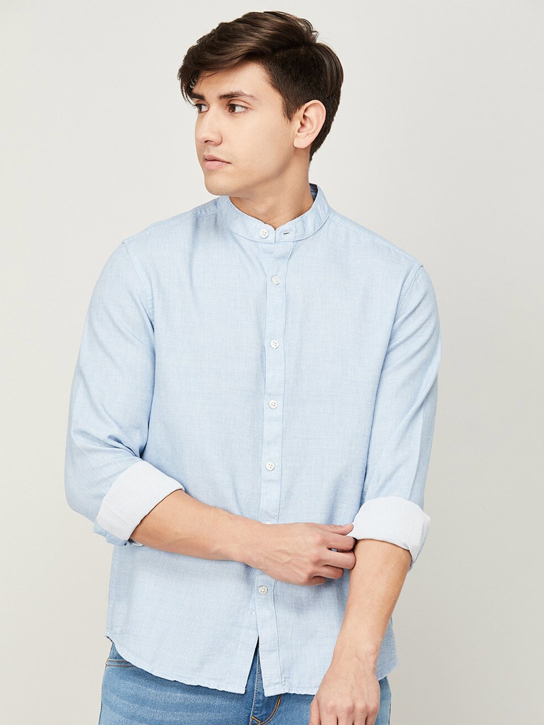 

Melange by Lifestyle Band Collar Cotton Casual Shirt, Blue