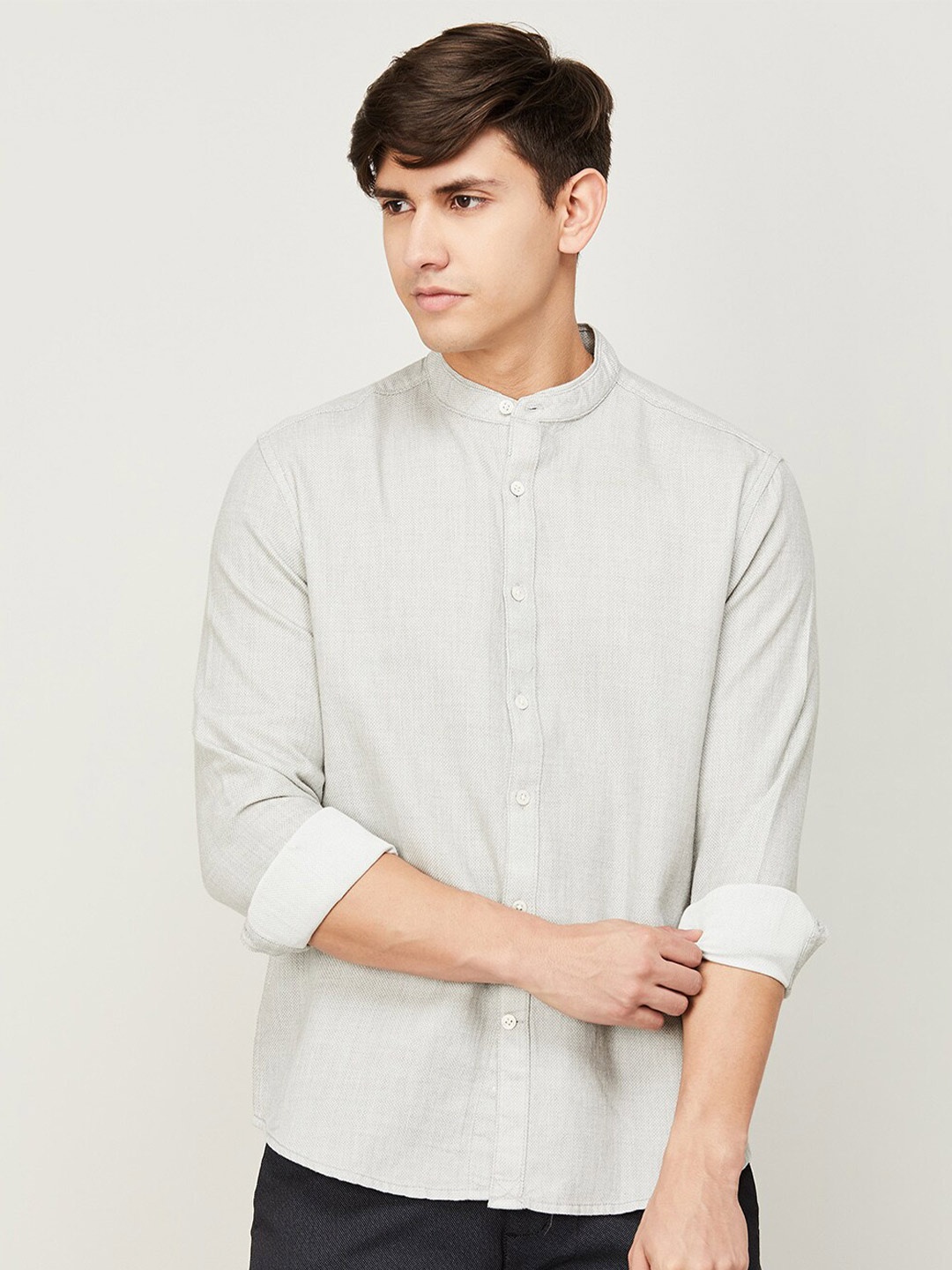 

Melange by Lifestyle Band Collar Cotton Casual Shirt, Grey