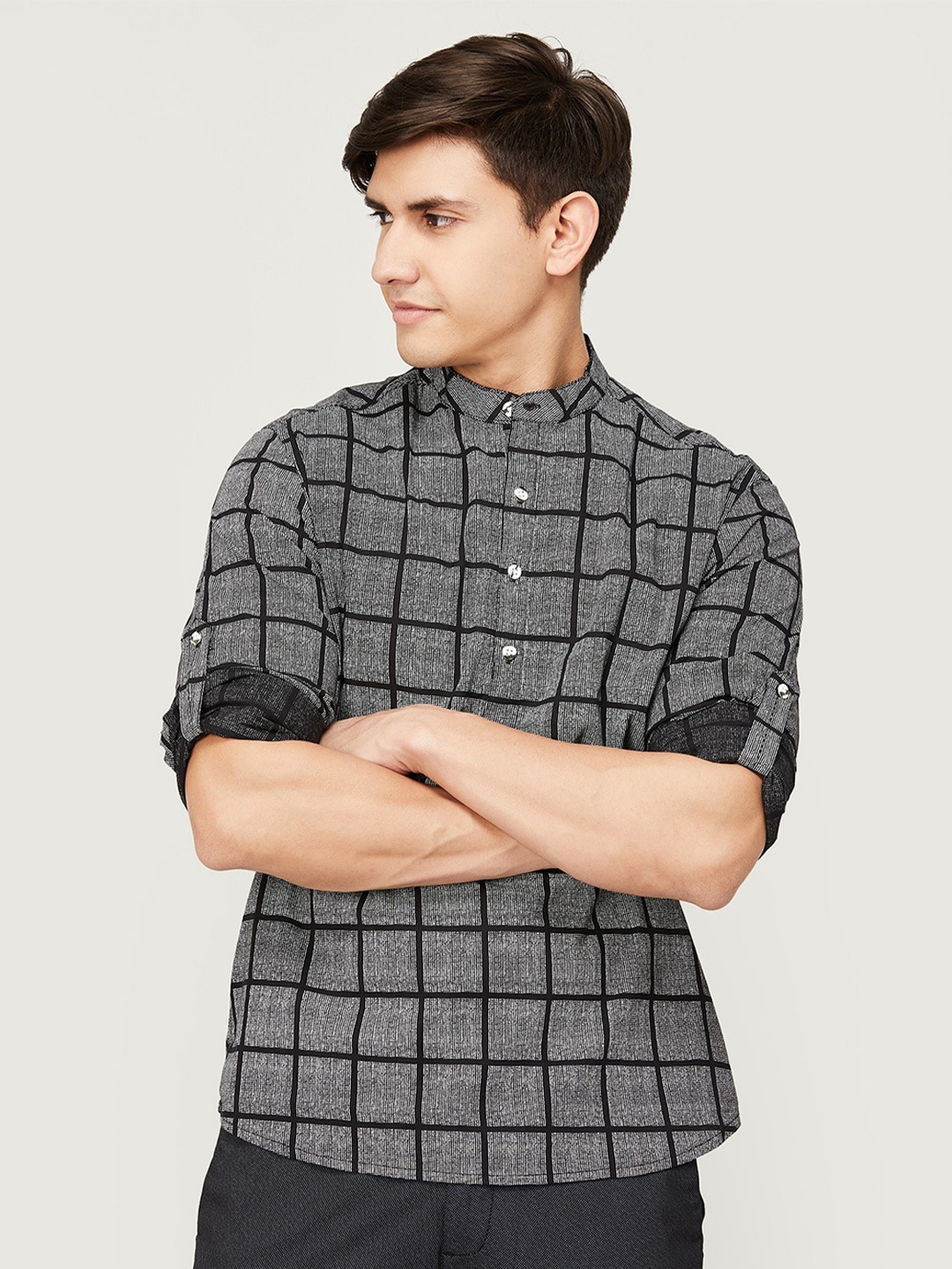 

Melange by Lifestyle Windowpane Checks Cotton Casual Shirt, Black