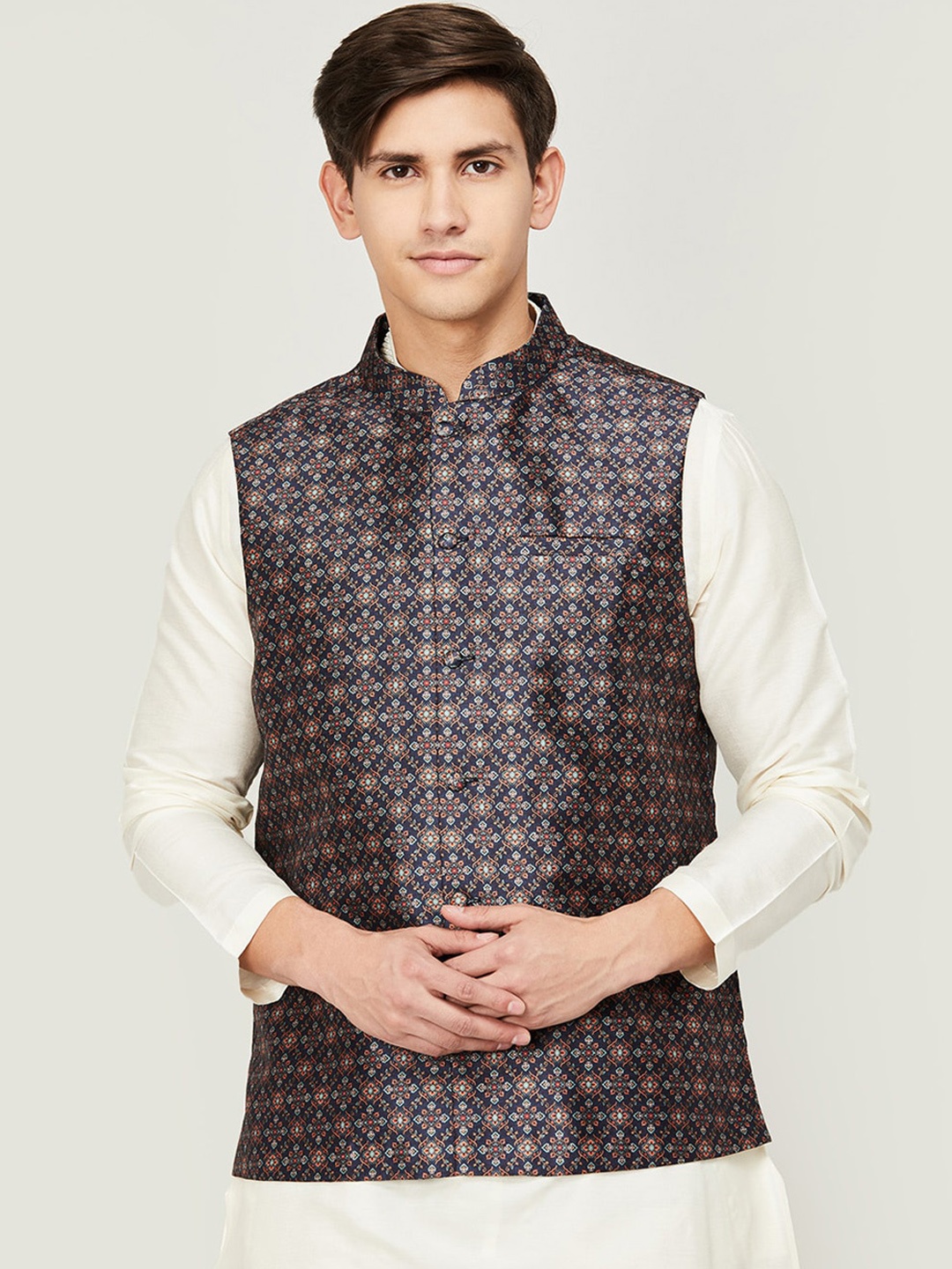 

Melange by Lifestyle Printed Mandarin Collar Tailored Jacket, Blue