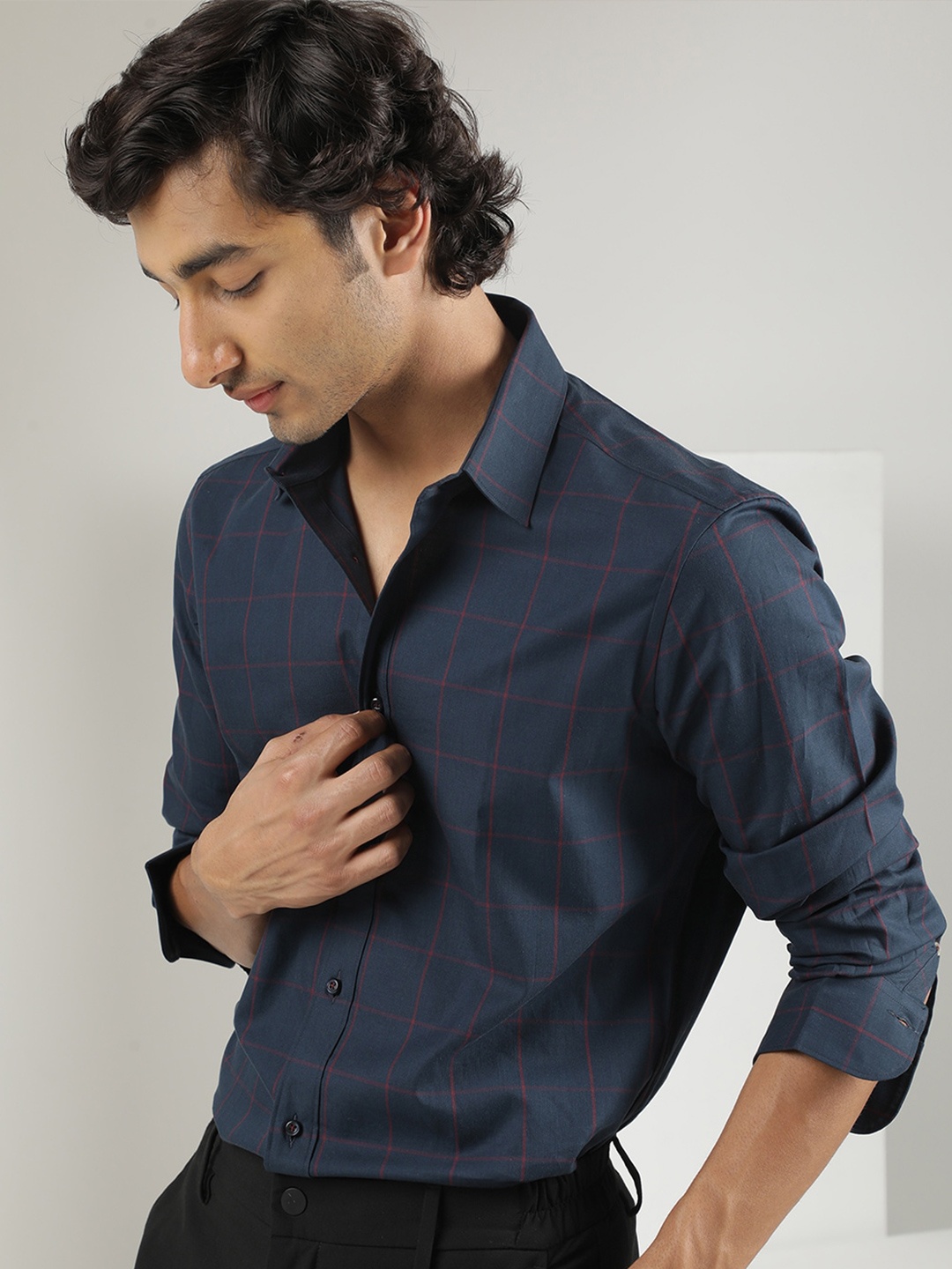 

RARE RABBIT Men Ziska Slim Fit Tartan Checked Cotton Shirt, Navy blue