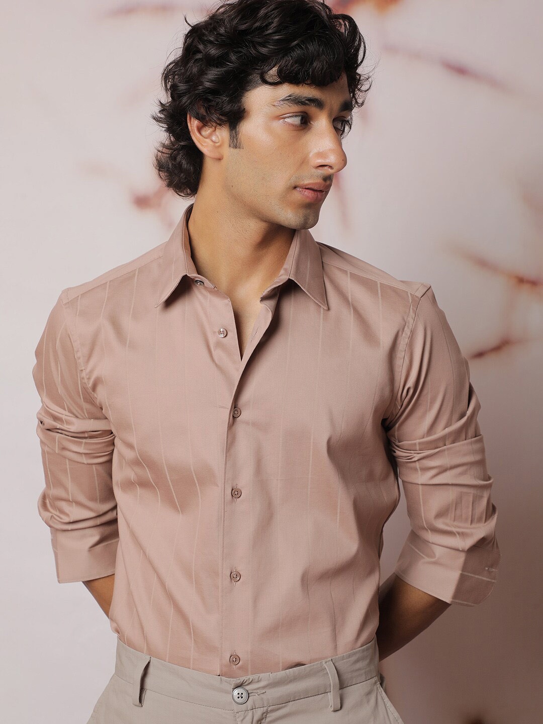 

RARE RABBIT Men Jails Slim Fit Striped Cotton Shirt, Peach