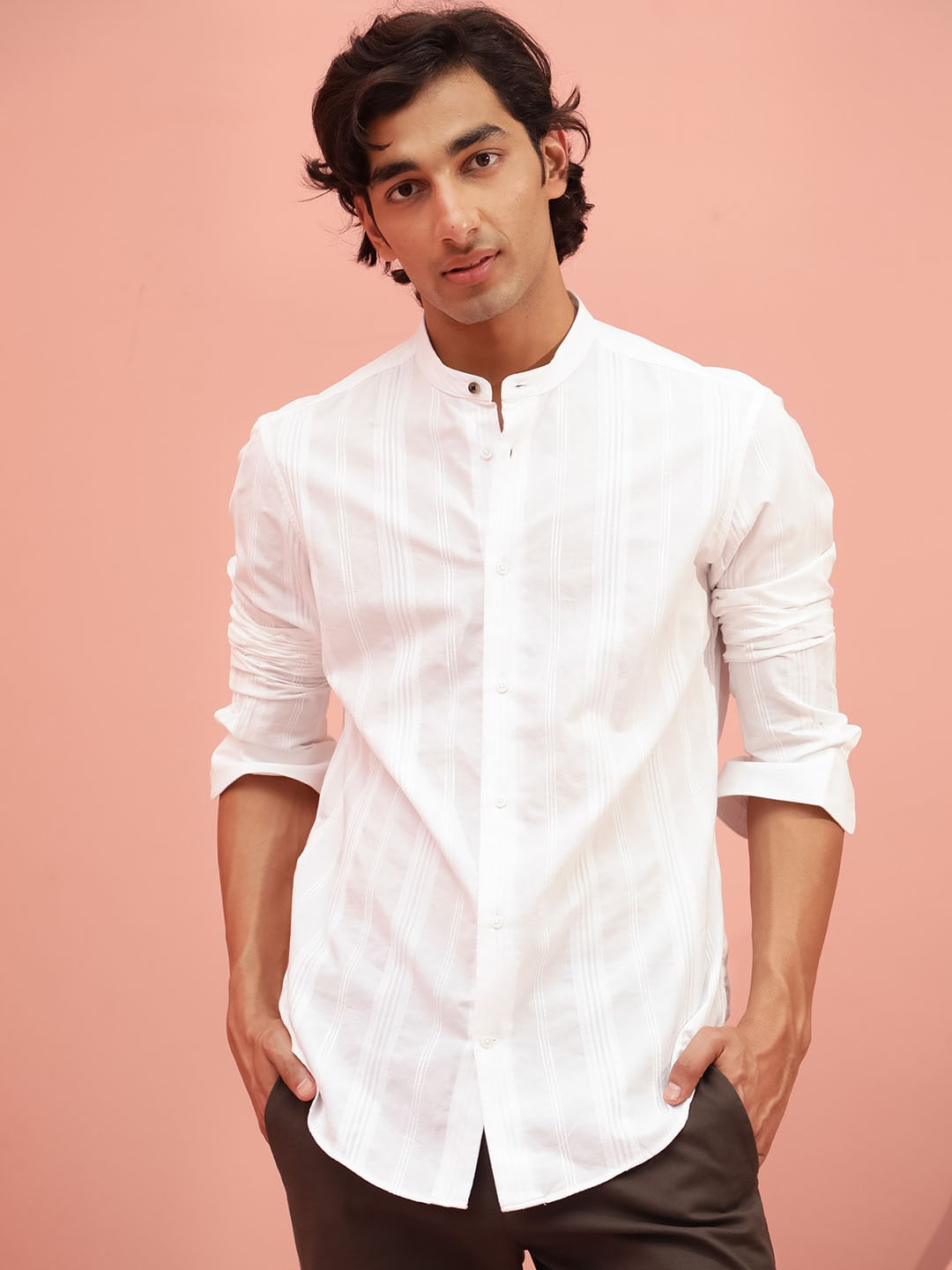 

RARE RABBIT Men Doppler Striped Slim Fit Mandarin Collar Cotton Shirt, White