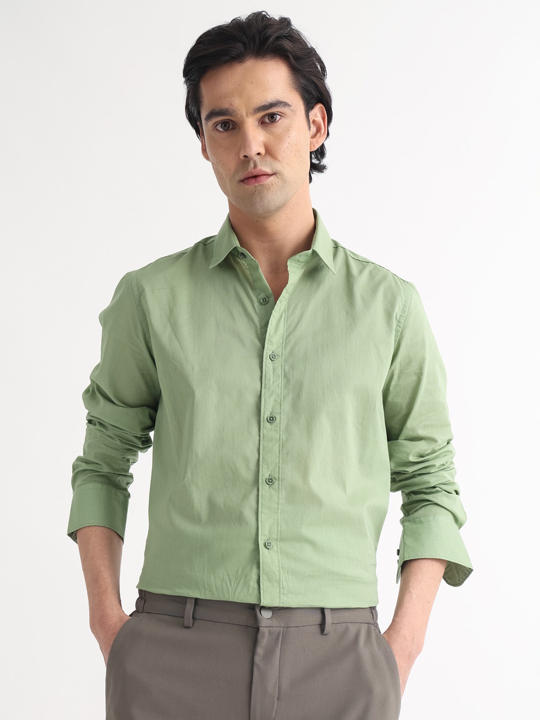 

RARE RABBIT Men Fullslee Tailored Fit Spread Collar Opaque Shirt, Green