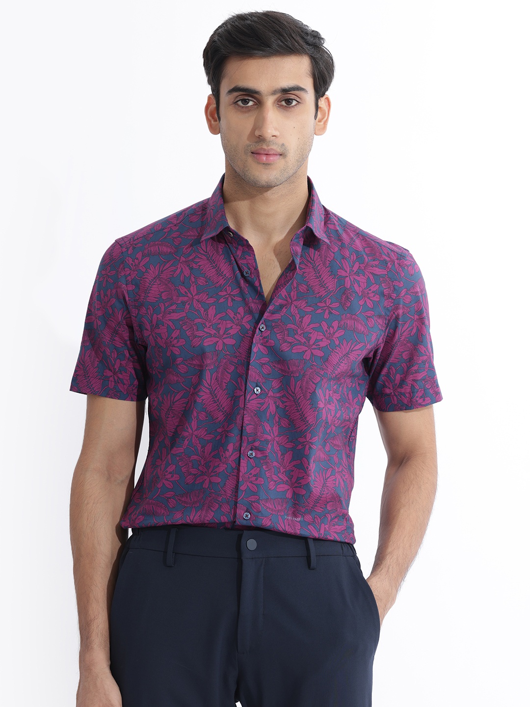 

RARE RABBIT Men Olars Floral Printed Slim Fit Cotton Shirt, Navy blue