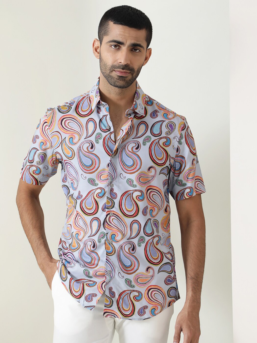

RARE RABBIT Men Marsh Slim Fit Ethnic Motif Printed Shirt, Blue