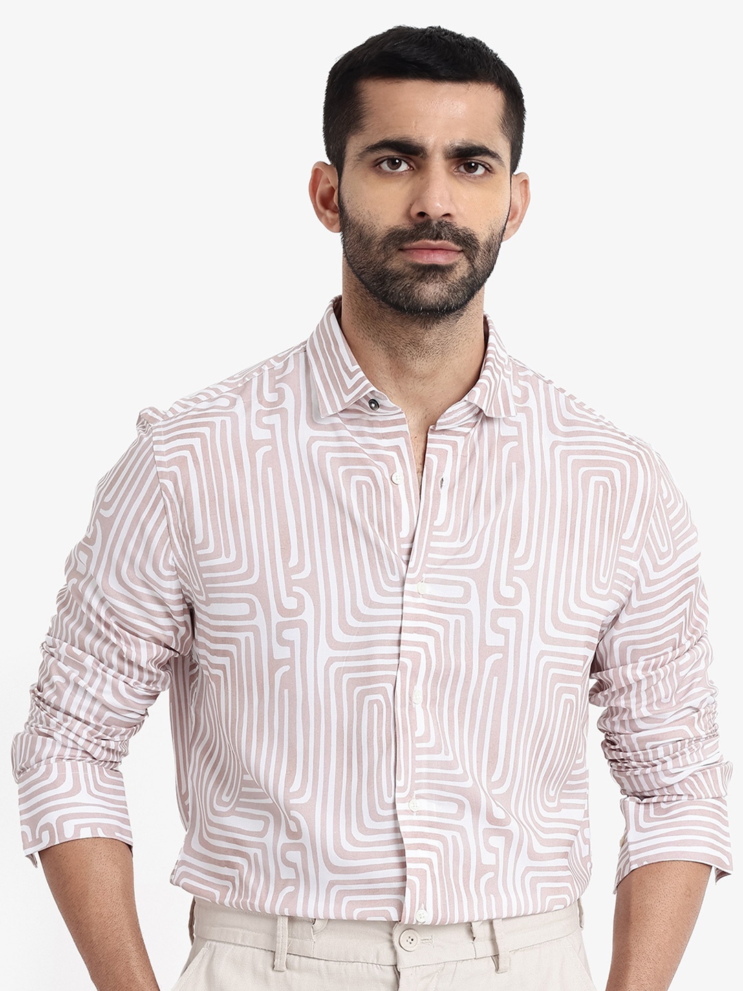 

RARE RABBIT Men Rotary Slim Fit Abstract Printed Shirt, Beige