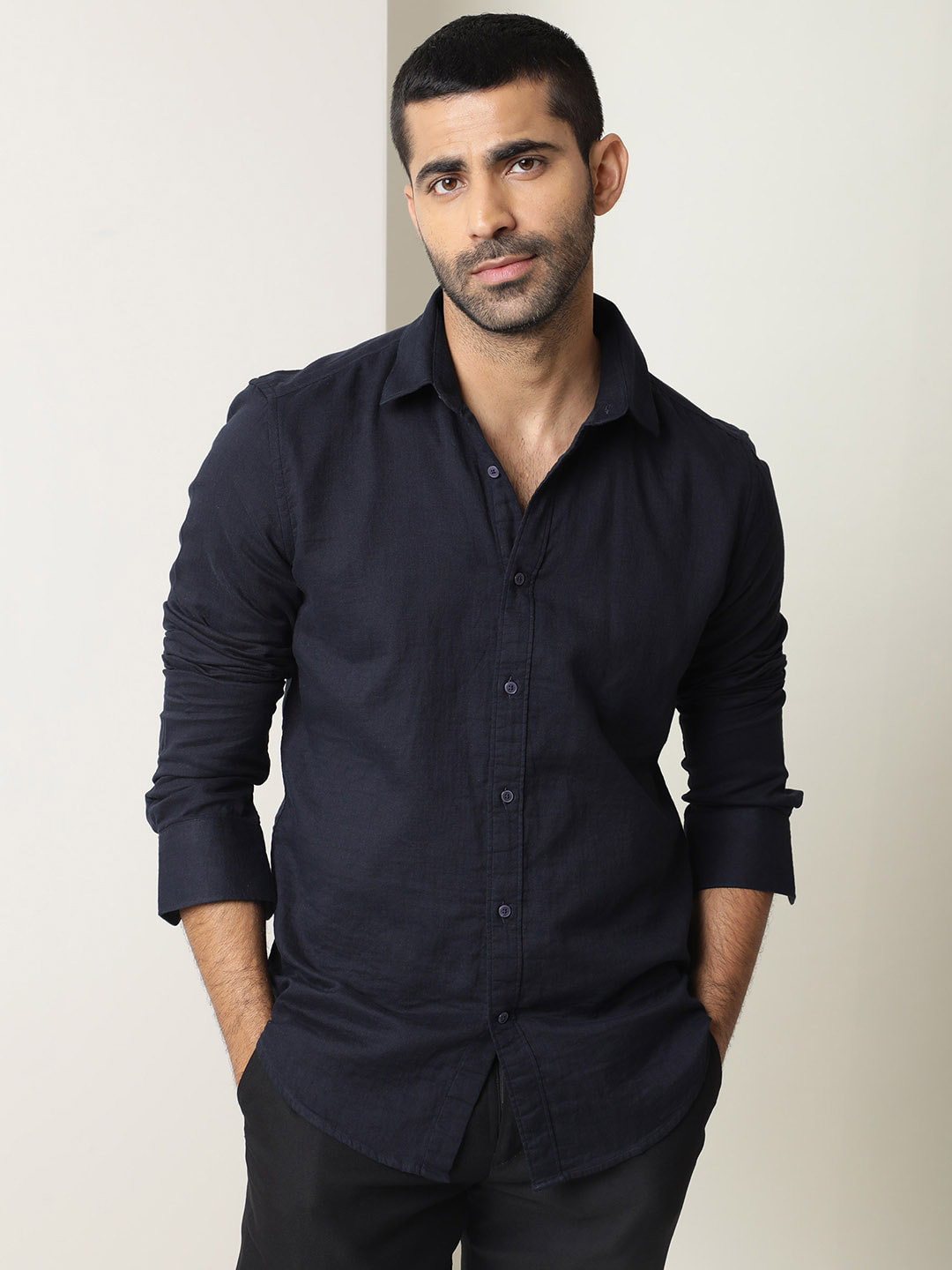 

RARE RABBIT Men Layerr Slim Fit Cotton Shirt, Navy blue