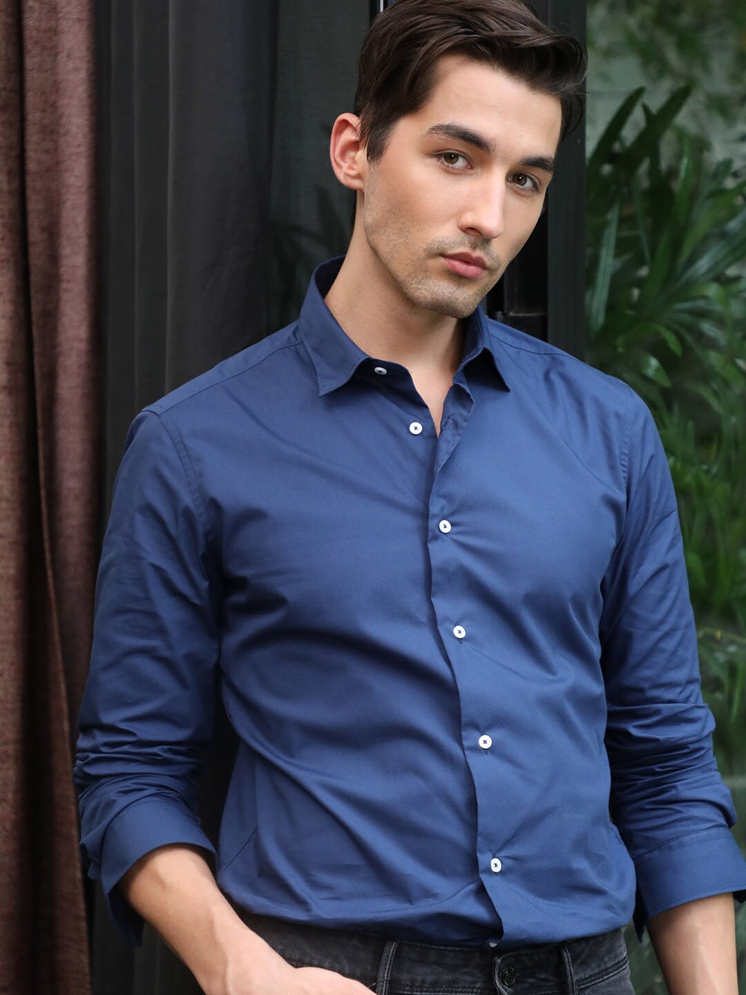 

RARE RABBIT Men Corpo Slim Fit Spread Collar Collar Shirt, Blue