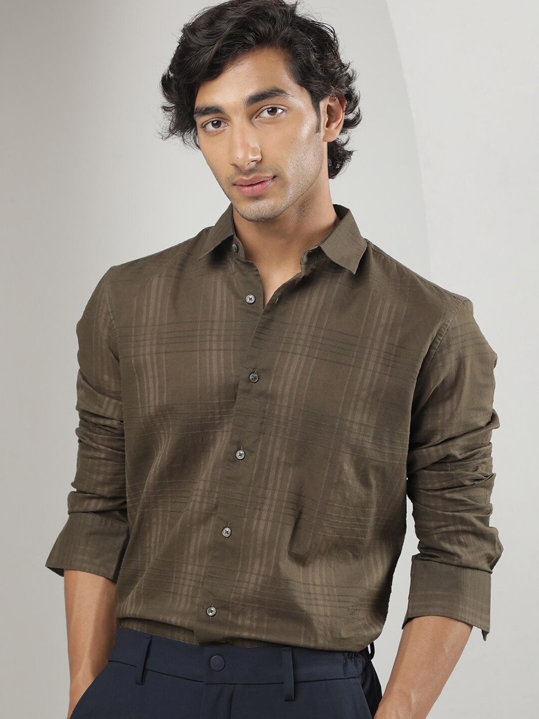 

RARE RABBIT Men Nest Slim Fit Windowpane Checked Cotton Shirt, Olive
