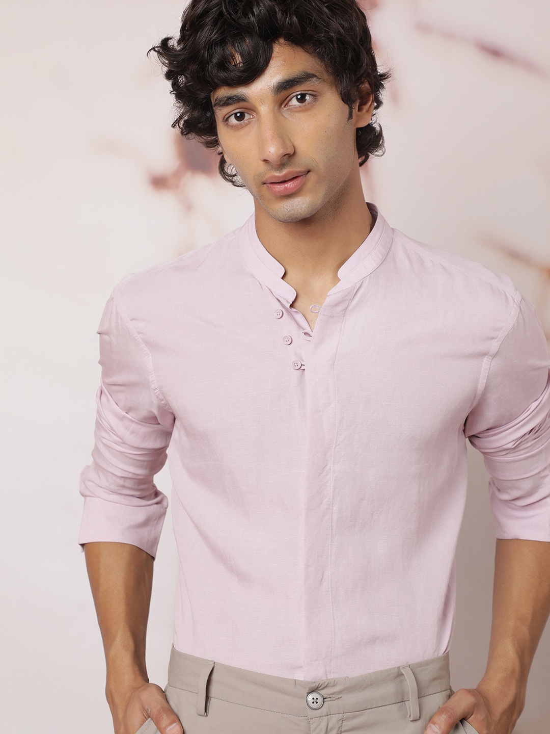 

RARE RABBIT Men Throne Slim Fit Mandarin Collar Shirt, Pink