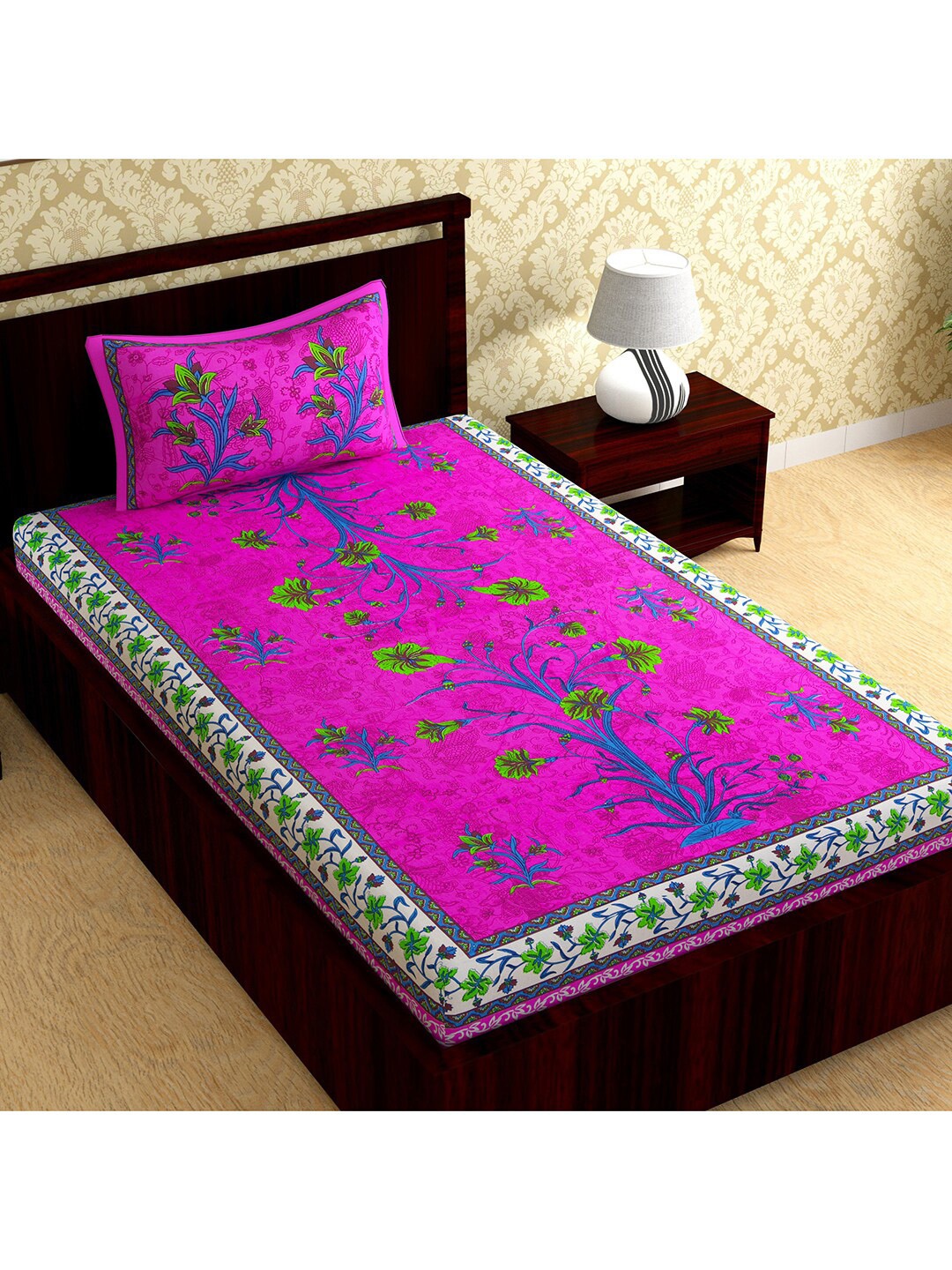 

Urban Magic Magenta & Blue Floral 104 TC Cotton Single Bedsheet With 1 Pillow Cover