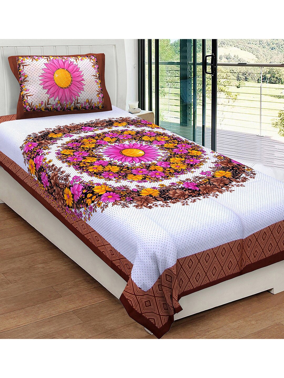 

Urban Magic White & Pink Floral 104 TC Cotton Single Bedsheet With 1 Pillow Cover