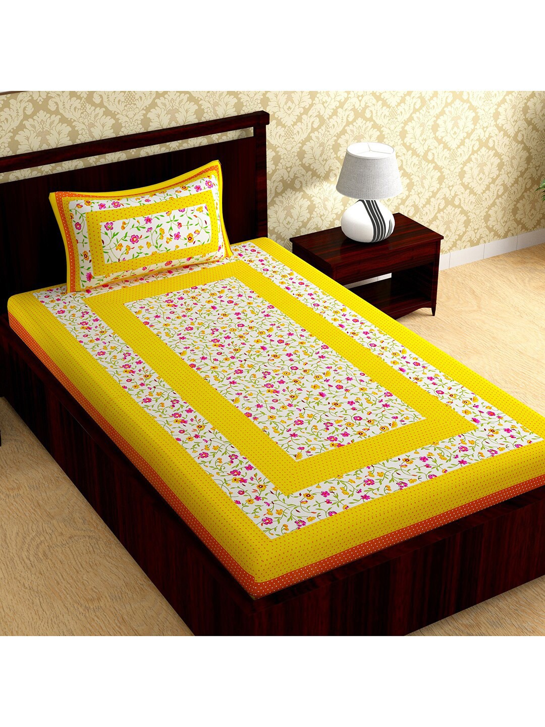 

Urban Magic Yellow & White Floral 104 TC Cotton Single Bedsheet With 1 Pillow Cover