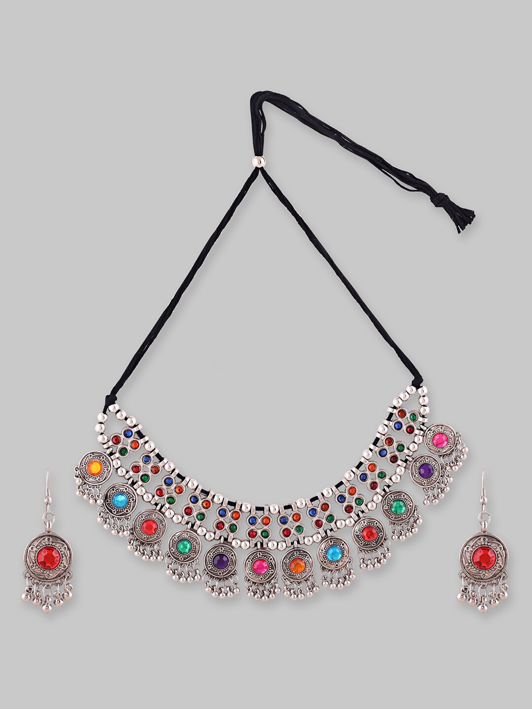 

Samridhi DC Silver Plated Kundan Necklace With Earrings, Multi
