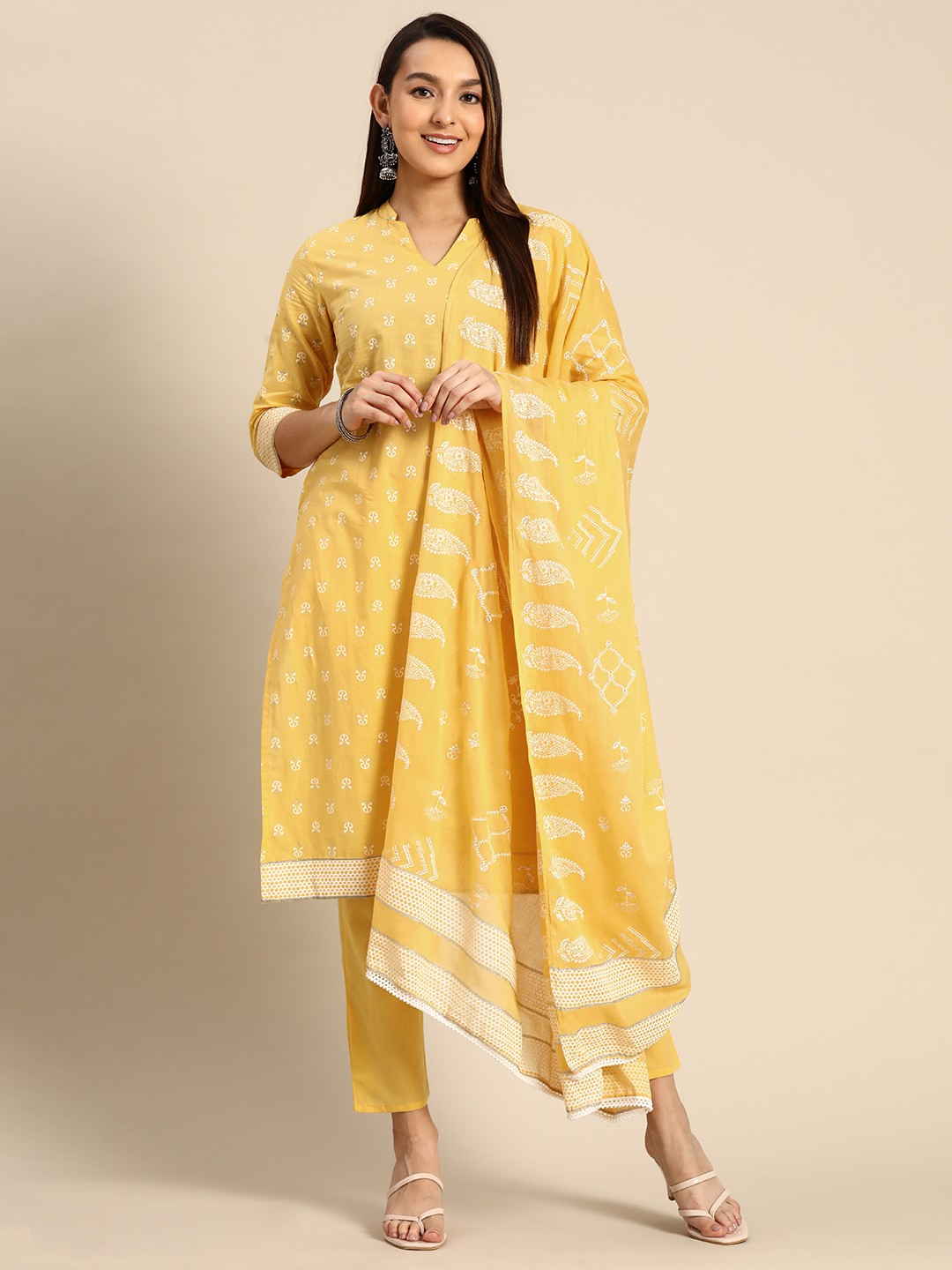 

Anouk Ethnic Motifs Printed Regular Pure Cotton Kurta with Palazzos & With Dupatta, Yellow