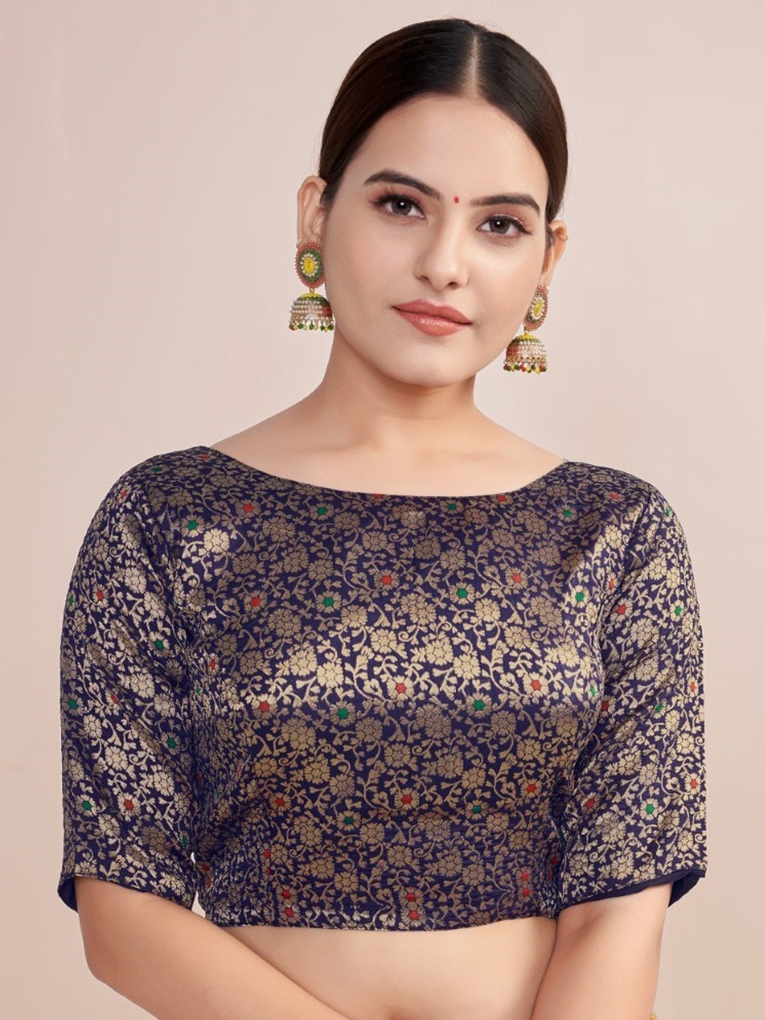 

HIMRISE Woven-Design Boat Neck Silk Saree Blouse, Navy blue