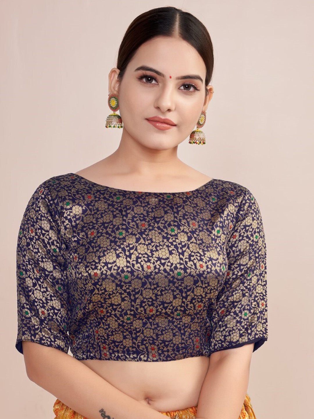 

HIMRISE Woven Design Boat Neck Silk Saree Blouse, Navy blue