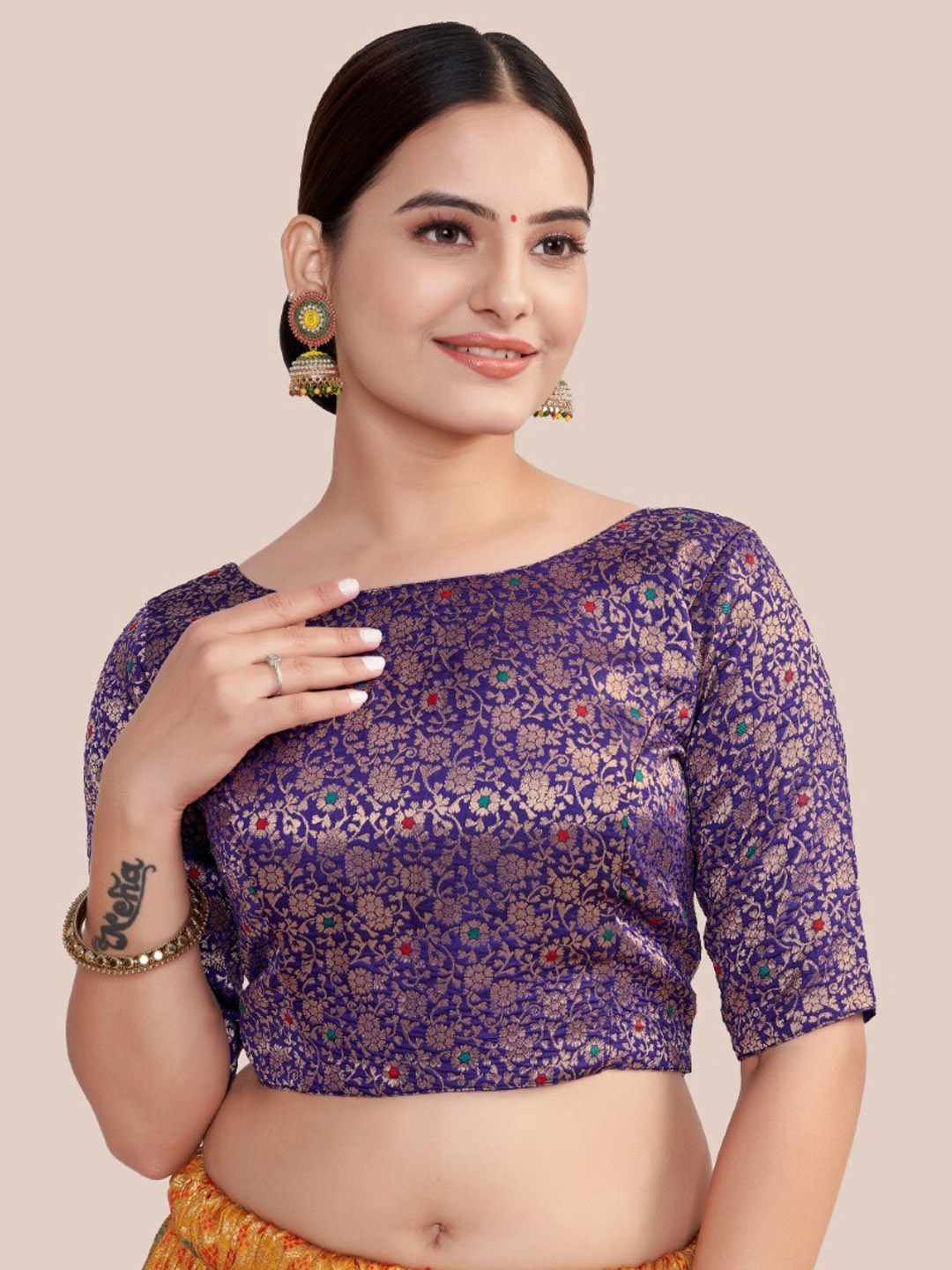 

HIMRISE Woven Design Boat Neck Silk Saree Blouse, Purple