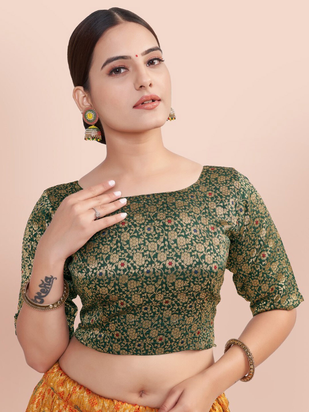 

HIMRISE Woven Design Boat Neck Silk Saree Blouse, Green