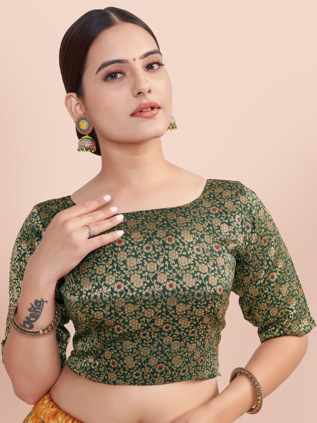 

HIMRISE Woven Design Boat Neck Silk Saree Blouse, Green