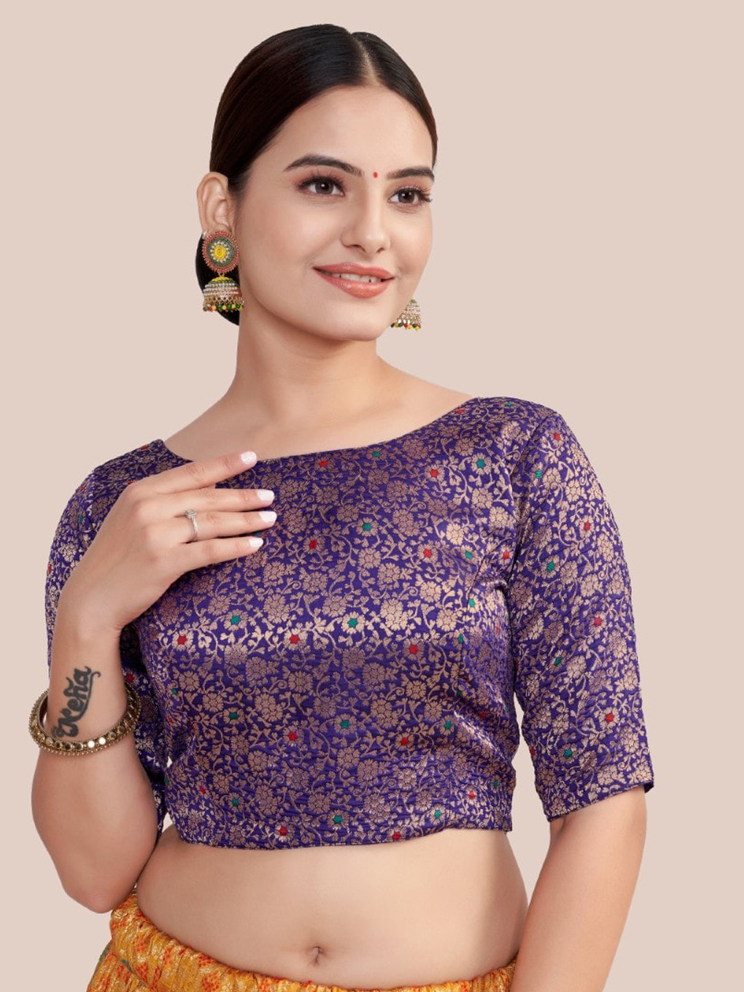

HIMRISE Woven Design Boat Neck Silk Saree Blouse, Purple