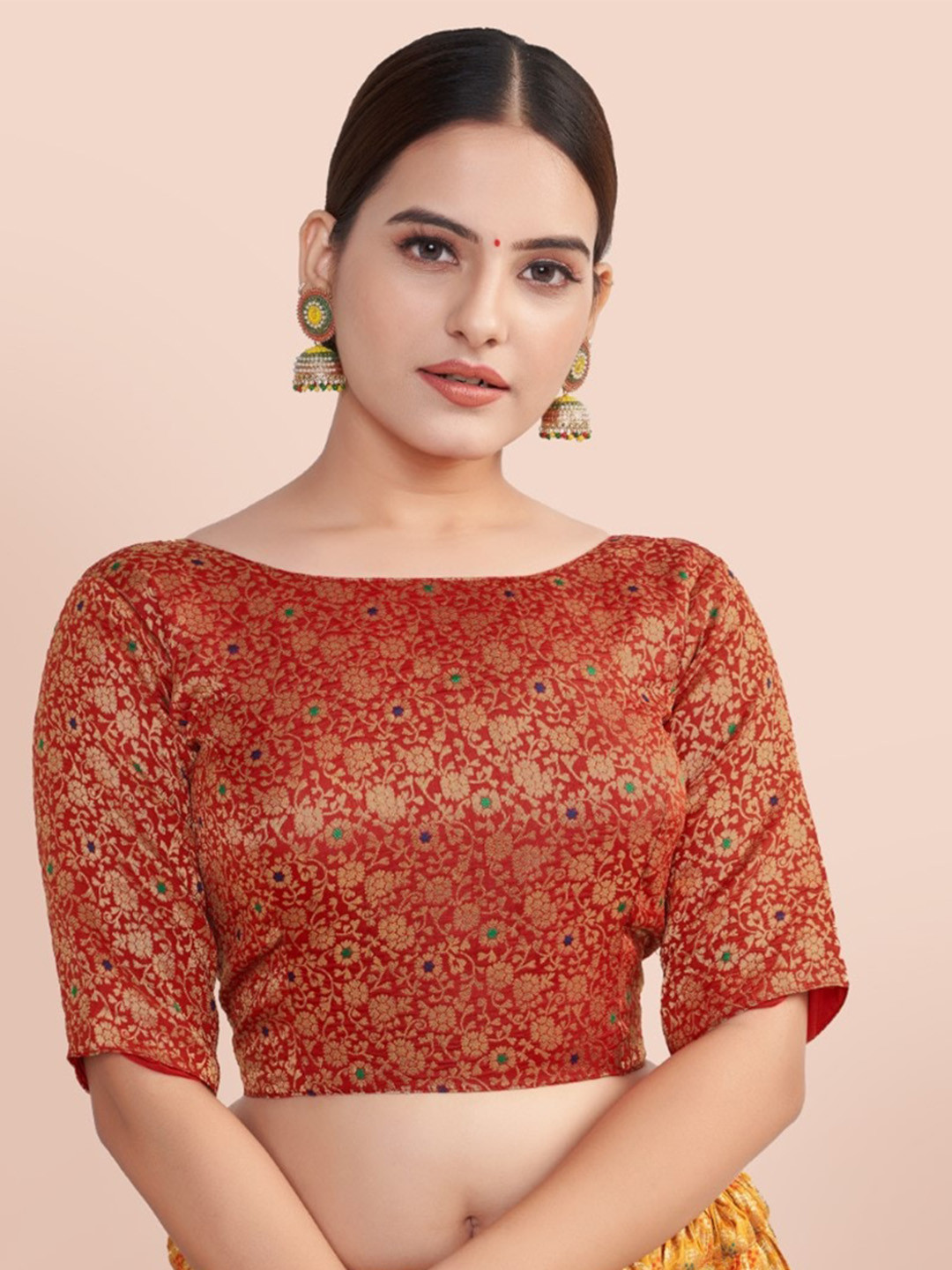 

HIMRISE Woven Design Boat Neck Silk Saree Blouse, Red
