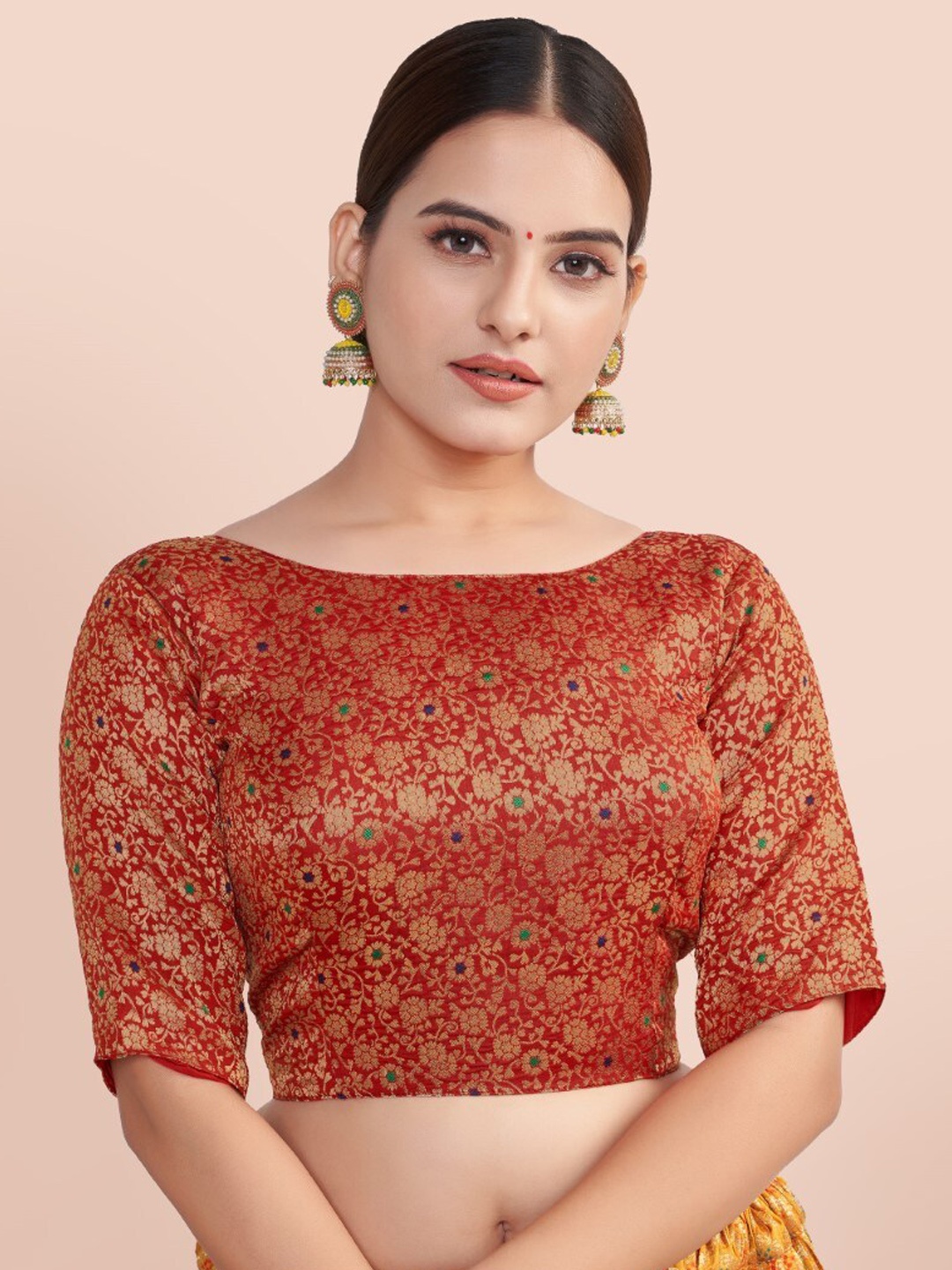

HIMRISE Woven Design Boat Neck Silk Saree Blouse, Red