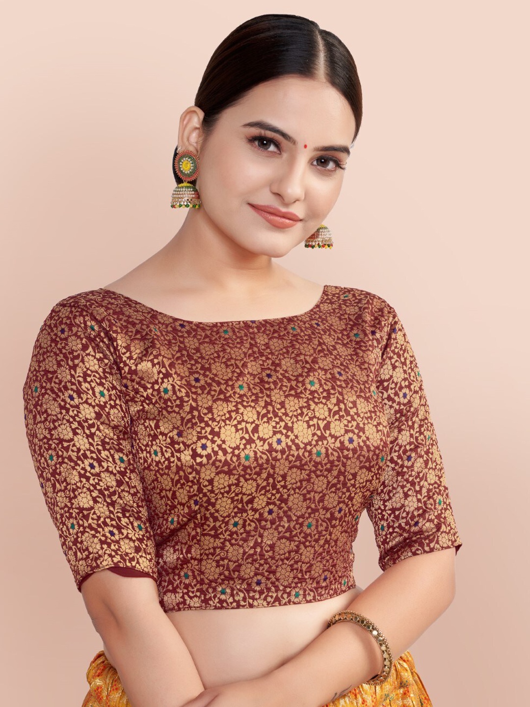 

HIMRISE Woven Design Silk Saree Blouse, Brown