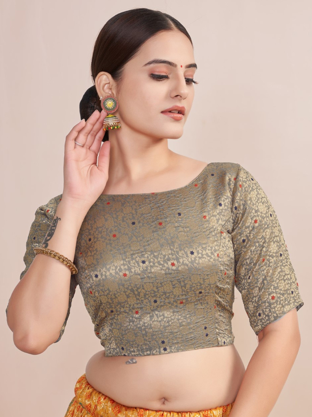 

HIMRISE Woven Design Boat Neck Silk Saree Blouse, Grey