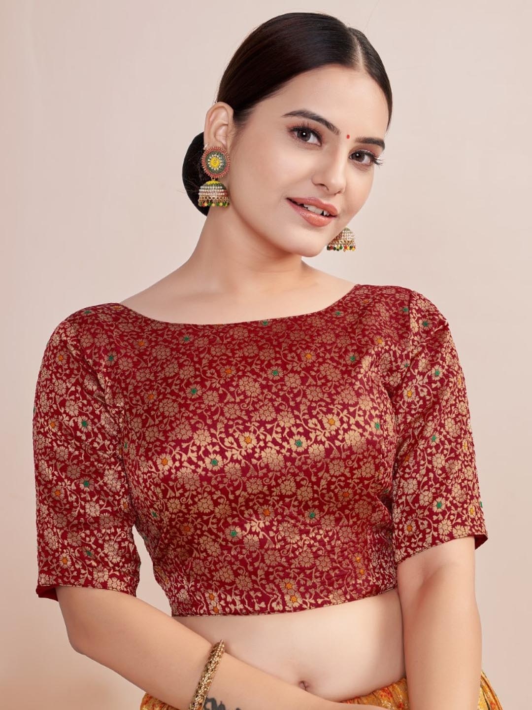 

HIMRISE Woven Design Boat Neck Silk Saree Blouse, Maroon