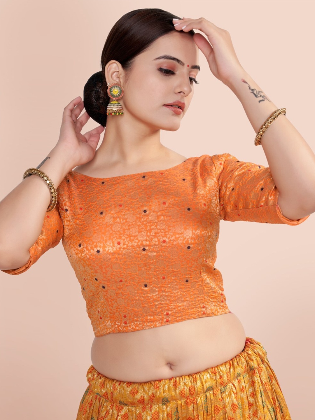 

HIMRISE Woven Design Boat Neck Silk Saree Blouse, Orange