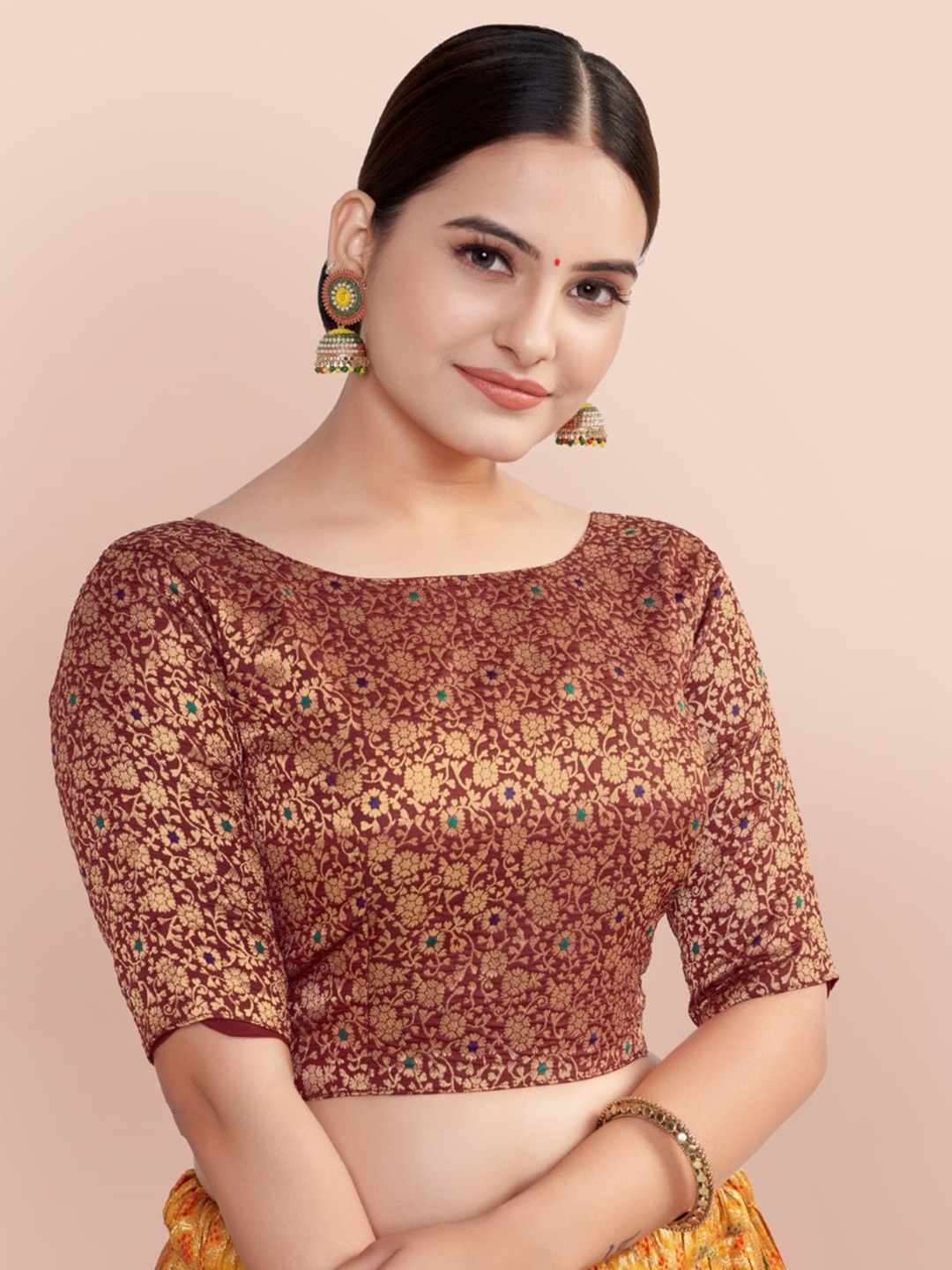

HIMRISE Woven Design Boat Neck Silk Saree Blouse, Brown