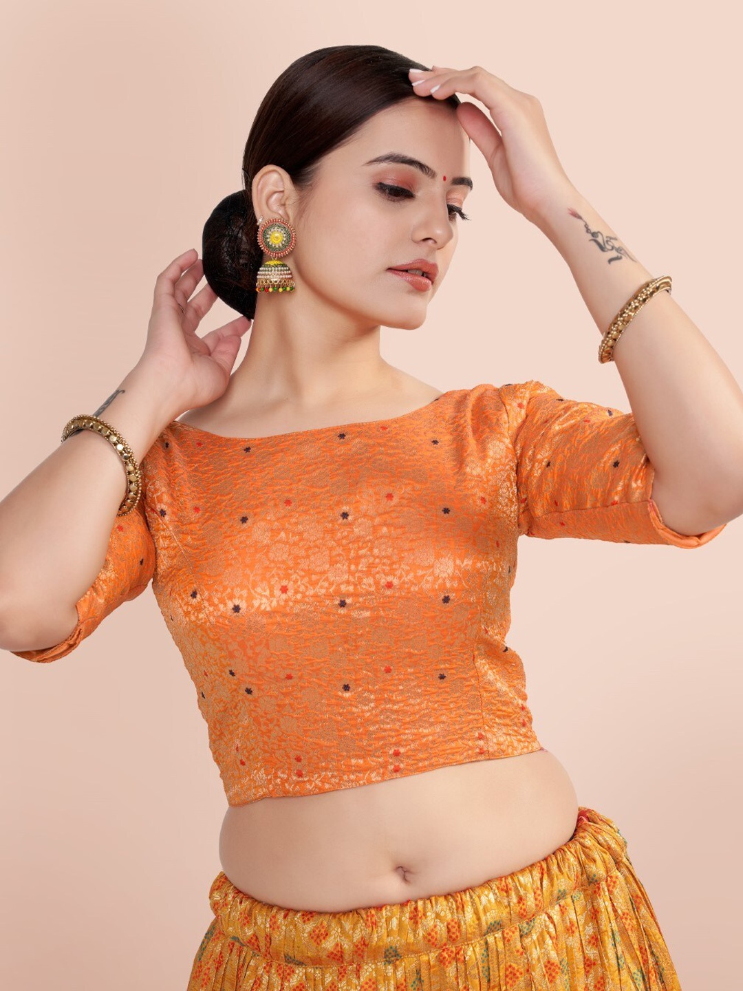 

HIMRISE Woven Design Boat Neck Silk Saree Blouse, Orange