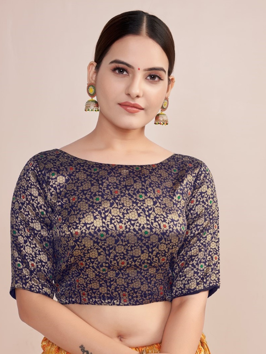 

HIMRISE Woven Design Boat Neck Silk Saree Blouse, Navy blue