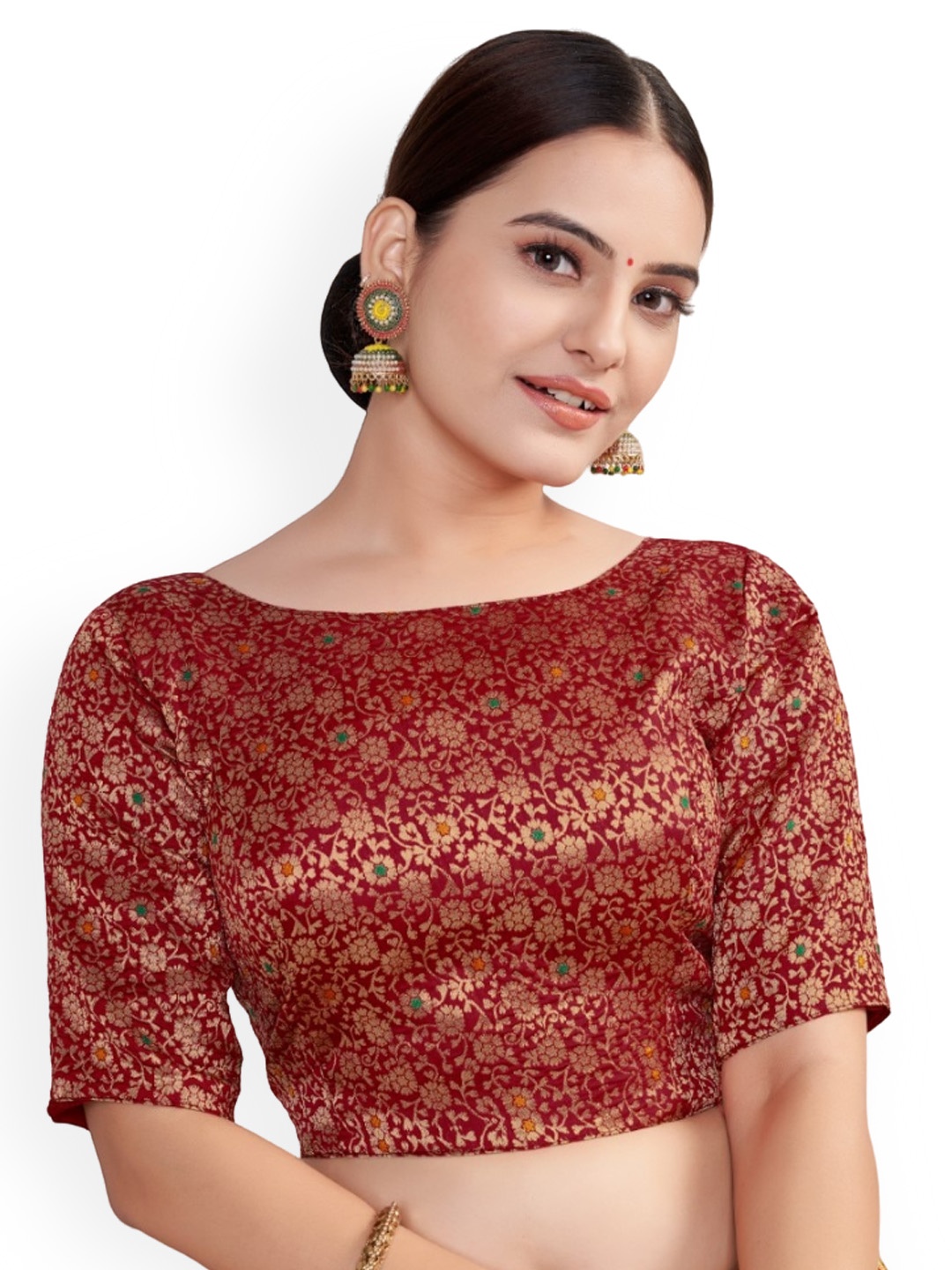 

HIMRISE Woven Design Boat Neck Silk Saree Blouse, Maroon