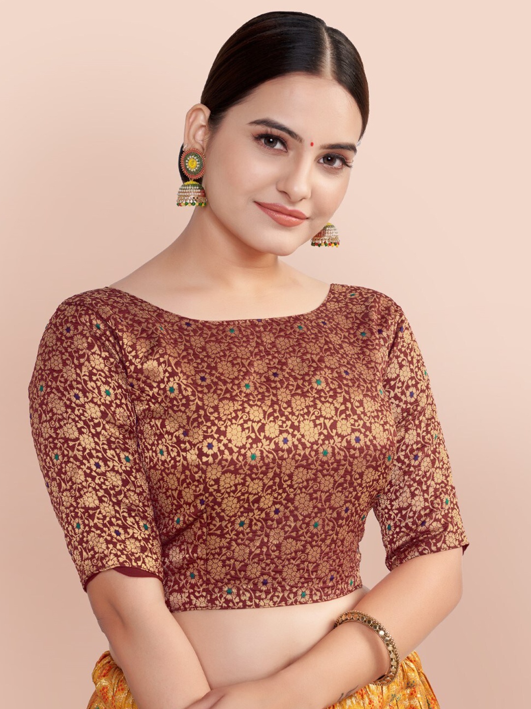 

HIMRISE Woven Design Boat Neck Silk Saree Blouse, Brown