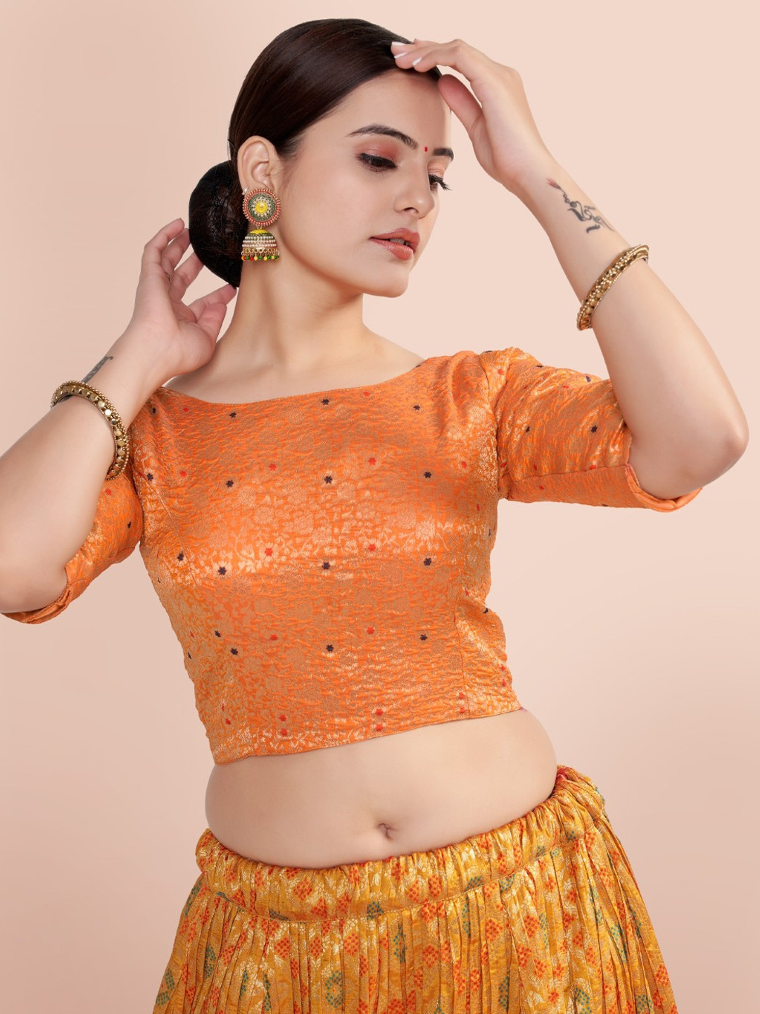 

HIMRISE Woven Design Cotton Saree Blouse, Orange